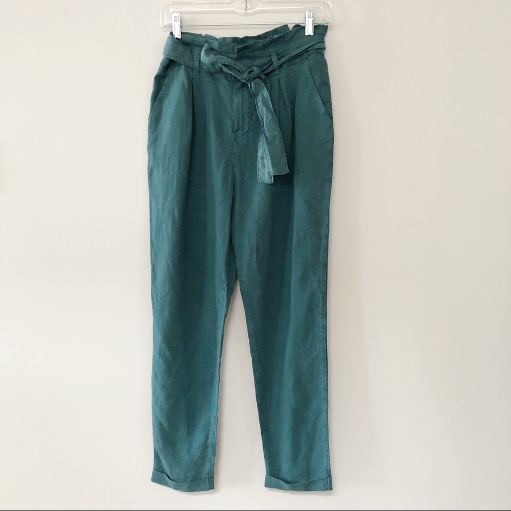 Louizon Paris high waist paper bag linen pants teal colour